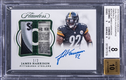 2018 Panini Flawless #DPA-JH James Harrison Signed Patch & Laundry Tag Card  (#1/2) - BGS NM-MT 8/BGS 10
